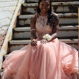 Elegant Peach Lace Evening Gown